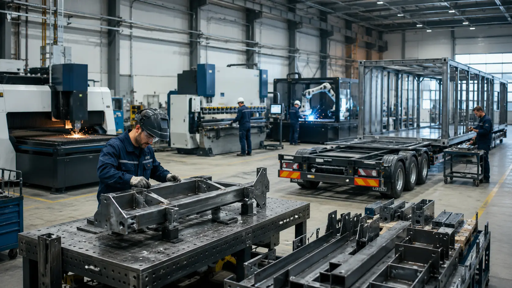 Proces de producție industrială integrată în fabrica POP Industry, cu operațiuni de prelucrare metalică, asamblare și control al calității.