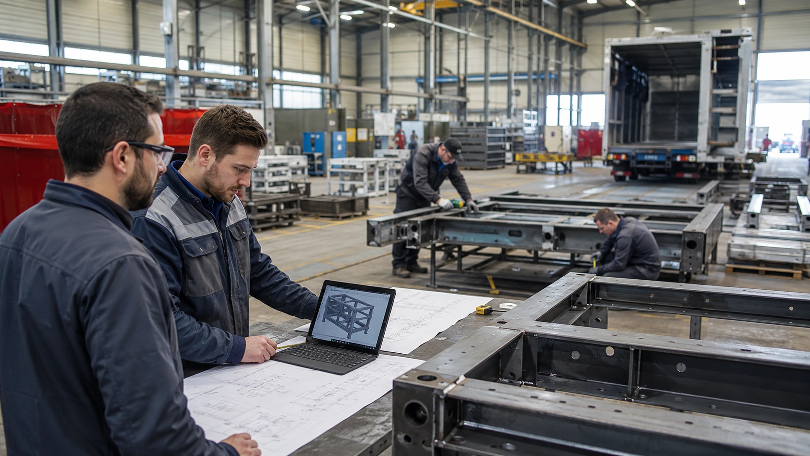 Ingineri și tehnicieni coordonând proiectarea, fabricația și verificarea unui ansamblu metalic în cadrul unui proiect industrial integrat.