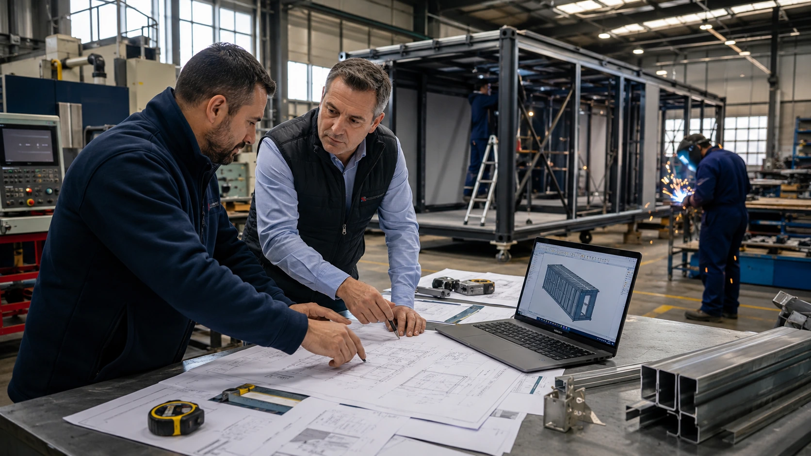 Inginer și reprezentant al beneficiarului analizează planuri tehnice și un model 3D pentru dezvoltarea unui proiect industrial personalizat într-o fabrică modernă.