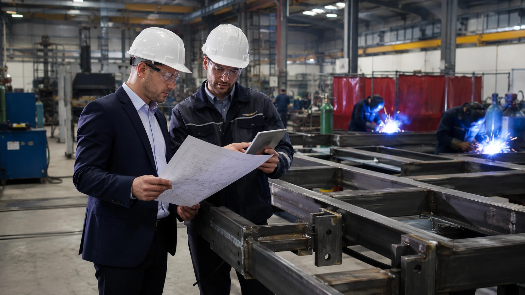 manager de proiect și inginer de producție verificând planurile unui ansamblu metalic aflat în fabricație, într-o hală industrială reală. În fundal se observă discret operațiuni de sudură și asamblare, fără aglomerare vizuală.