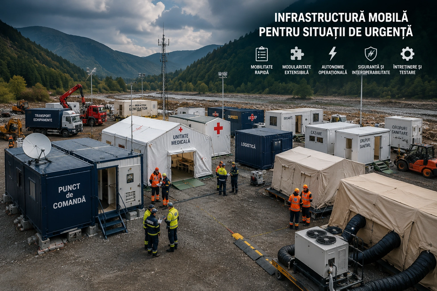 Punct de intervenție cu container medical, corturi operaționale, generator și vehicule logistice, instalat realist într-o zonă afectată de o urgență.