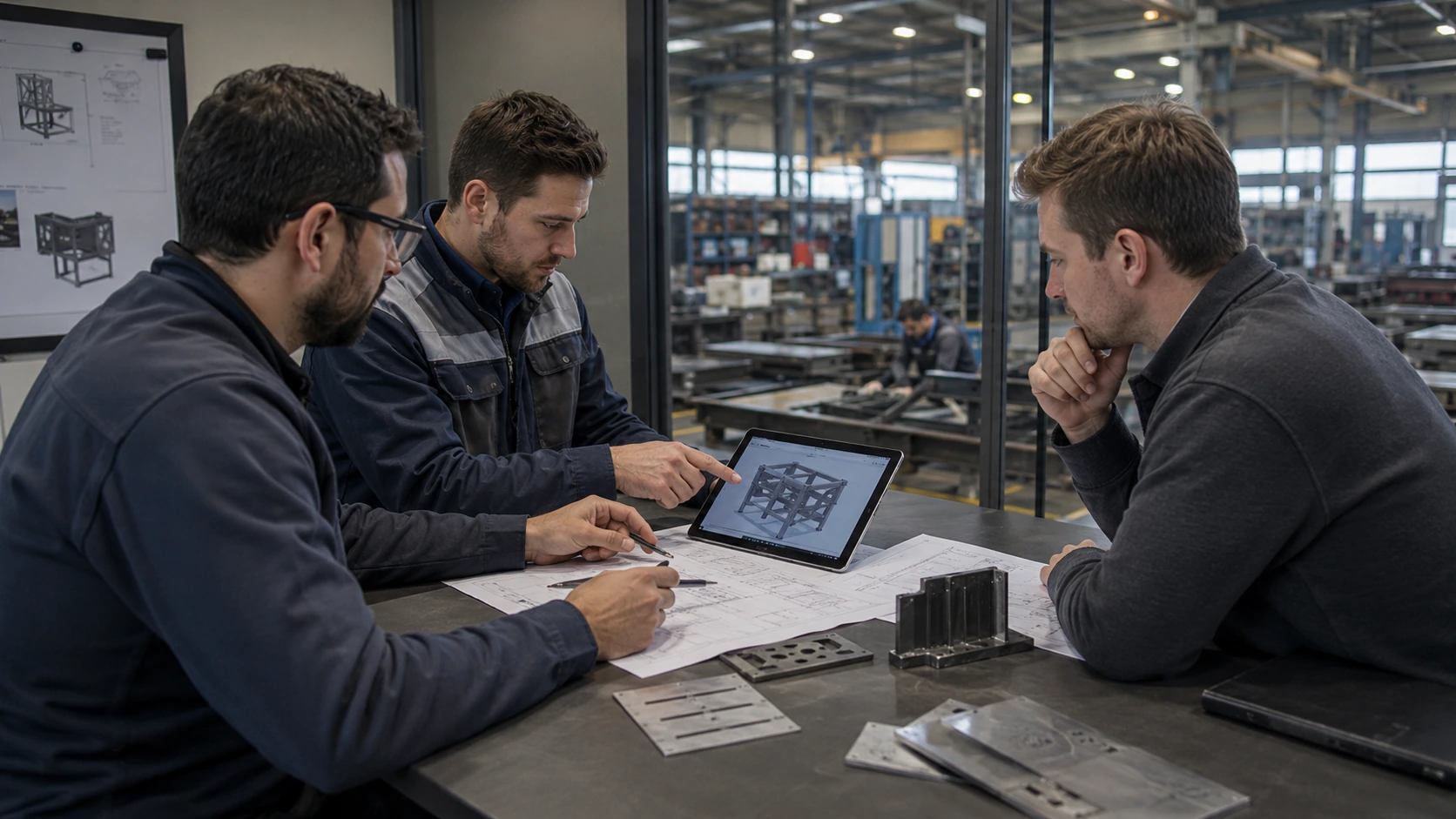Specialiști analizează documentația tehnică și modelul digital al unei structuri metalice pentru evaluarea cerințelor și a fezabilității unui proiect industrial.