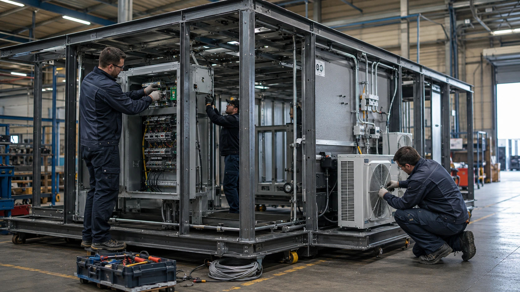 Tehnicieni integrează instalații electrice și echipamente HVAC într-o structură metalică modulară, în etapa de producție și integrare a unui proiect industrial.