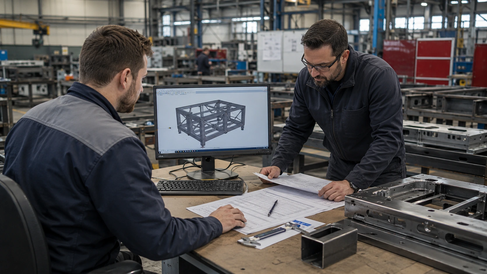 Ingineri lucrează la proiectarea tehnică a unei structuri metalice, folosind model CAD, planuri de execuție și repere industriale într-un atelier de fabricație.