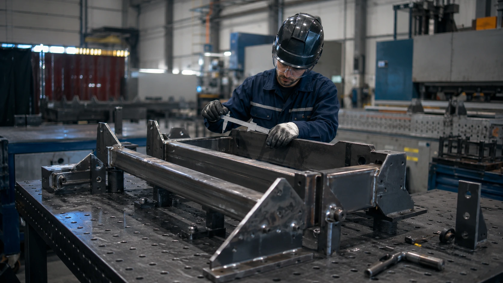 Verificare dimensională a unui ansamblu metalic sudat, realizată pentru confirmarea geometriei, alinierii și respectării cerințelor tehnice înainte de continuarea procesului de producție.