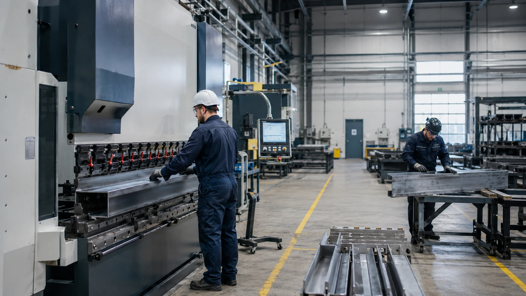 Operațiune de îndoire controlată a tablei metalice cu ajutorul unei prese abkant CNC, parte importantă a procesului de fabricație pentru structuri și componente industriale.