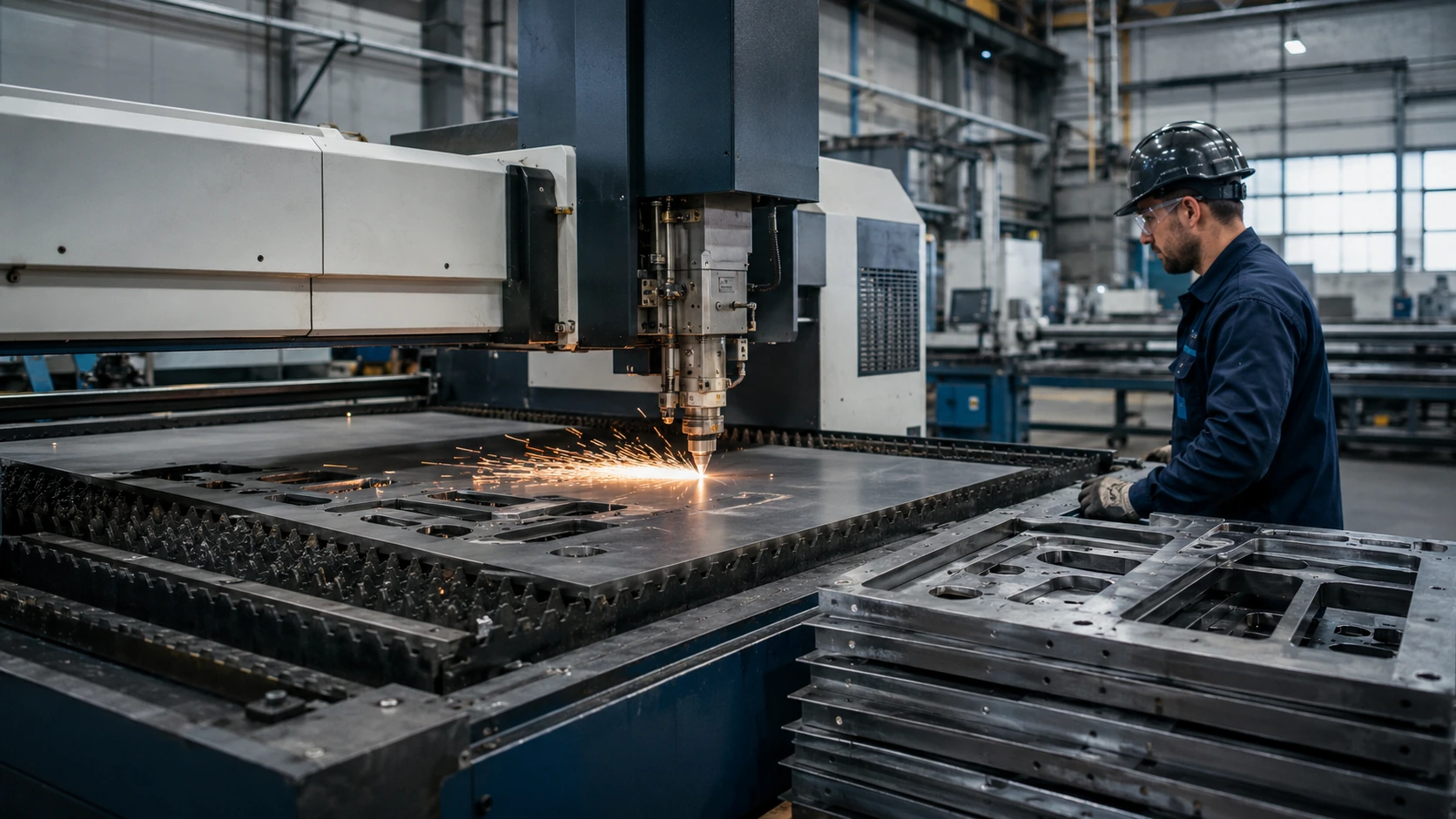 Proces de producție industrială integrată în fabrica POP Industry, cu operațiuni de prelucrare metalică, asamblare structurală și verificare tehnică pentru realizarea unor produse și sisteme industriale complexe.